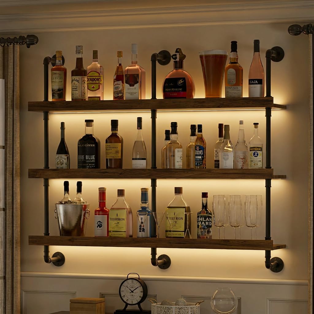 Home Bar Shelf - 벽걸이식 LED 조명 와인랙 3단 플로팅