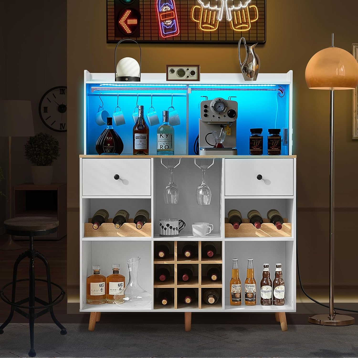 Home Bar Shelf - 와인 바 캐비닛 (전원 콘센트 및
