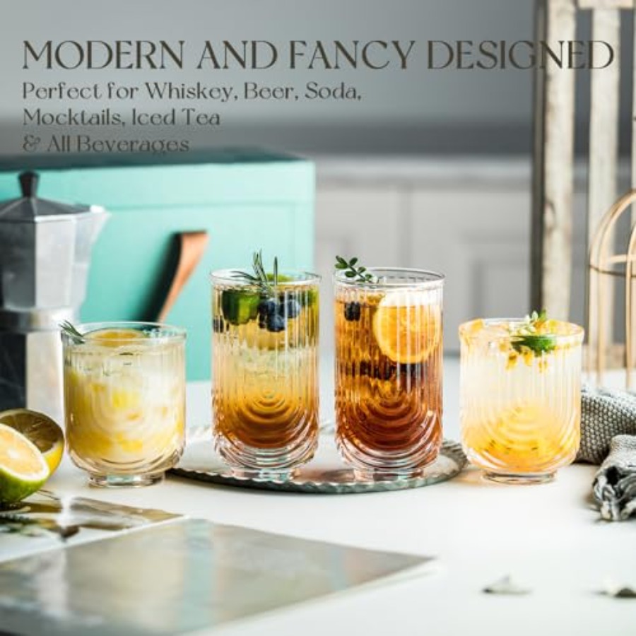 아르데코 칵테일 잔, 골이 있는 음료 잔 8개 세트,  - Highball Glass Set 리뷰 및 가격